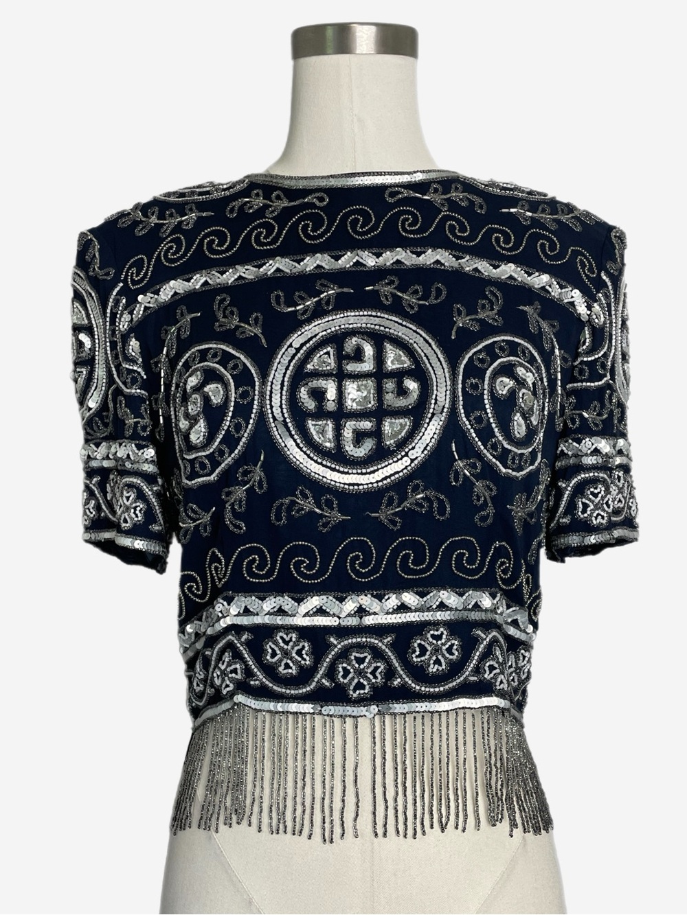 Vintage AJ Bari Blue silk sequin beaded floral medallion fringe cropped tee S/M